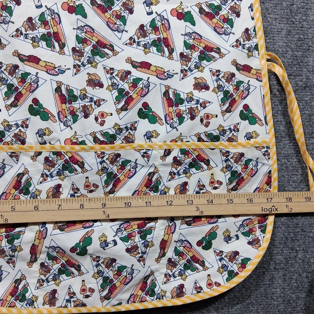 Vintage Food Pyramid Print Tabard Apron Yellow Gingham‎ Trim Smock Pockets Multi